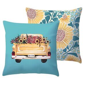 NEW 2Pk Yellow Sunflower Truck Indoor/Outdoor Zip Reversible Throw Pillows